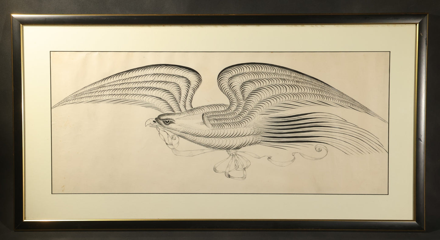 Antique Spencerian Calligraphic Pen and Ink Drawing of an Eagle with Outstretched Wings, Framed in Modern Frame