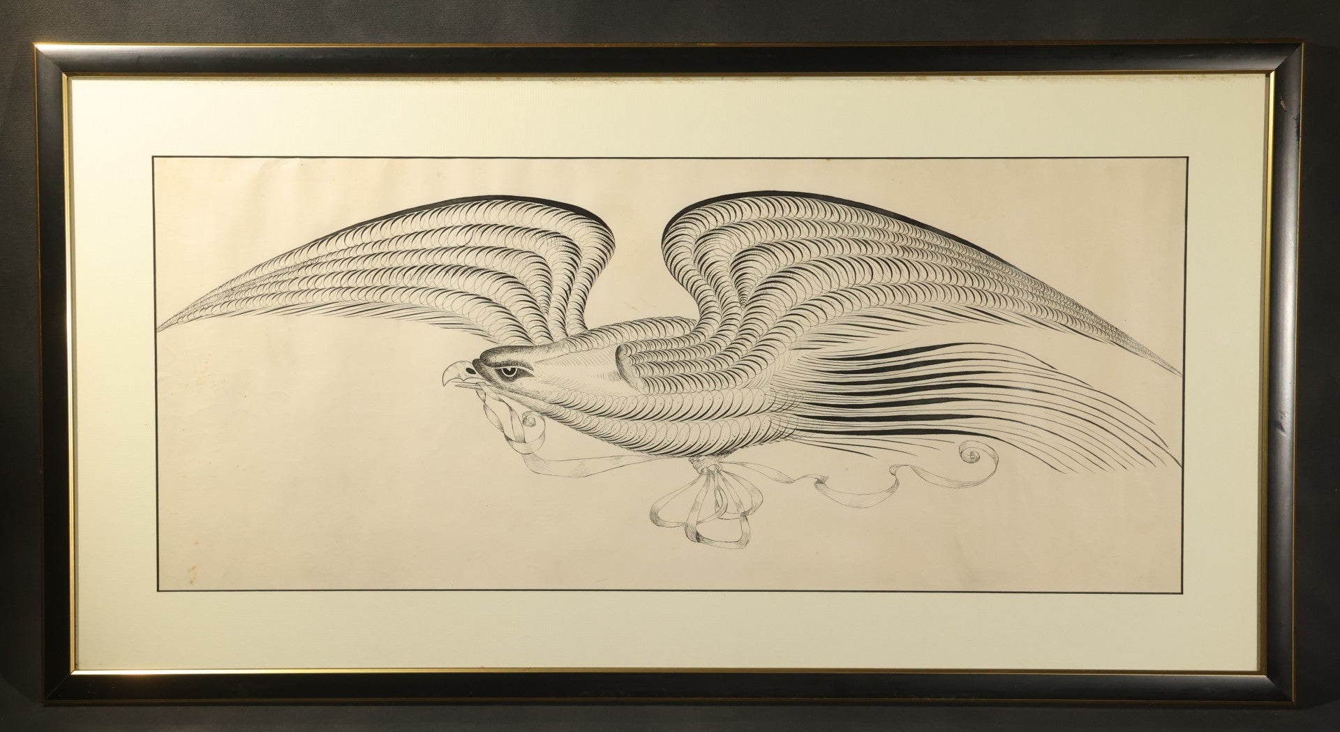 Antique Spencerian Calligraphic Pen and Ink Drawing of an Eagle with Outstretched Wings, Framed in Modern Frame