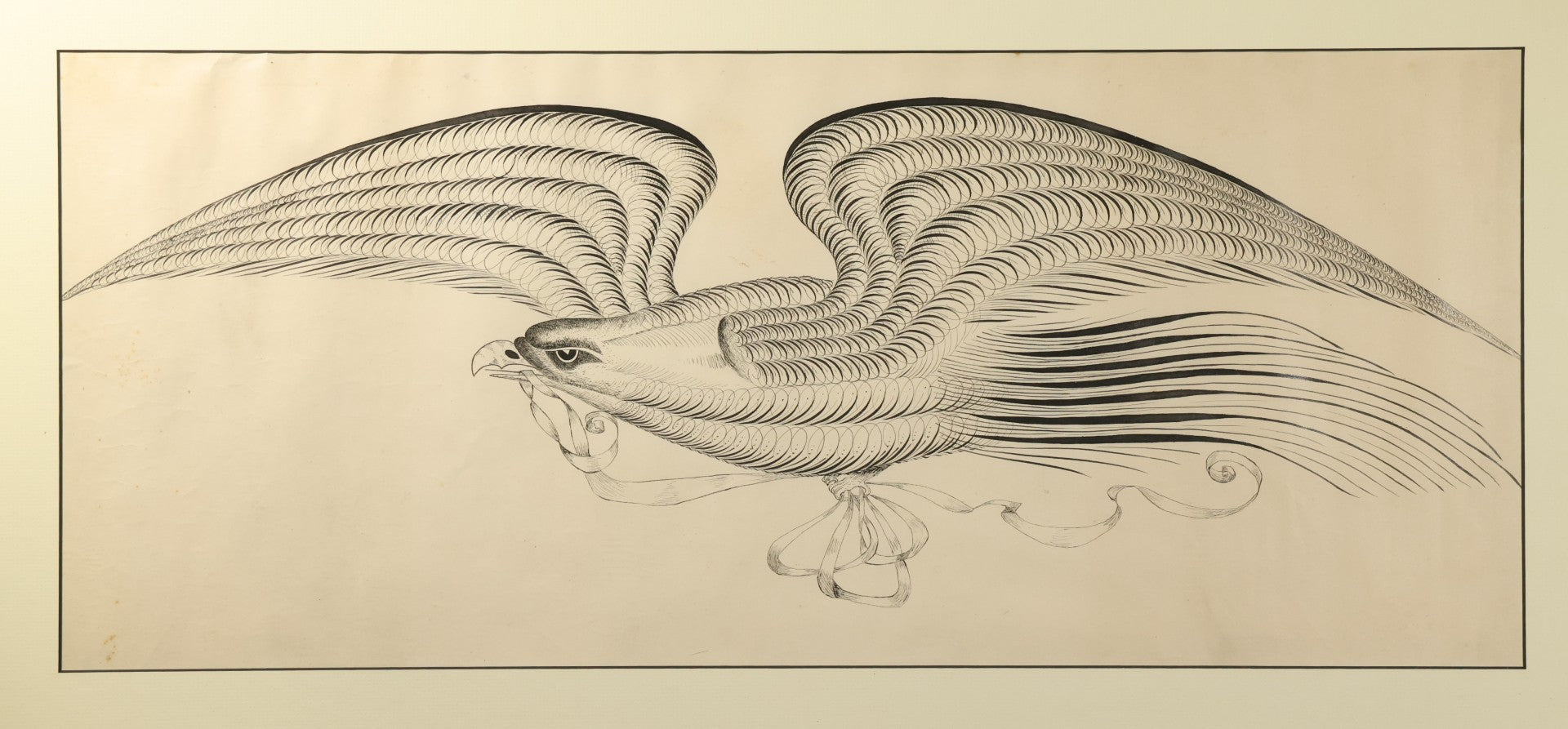 Antique Spencerian Calligraphic Pen and Ink Drawing of an Eagle with Outstretched Wings, Framed in Modern Frame