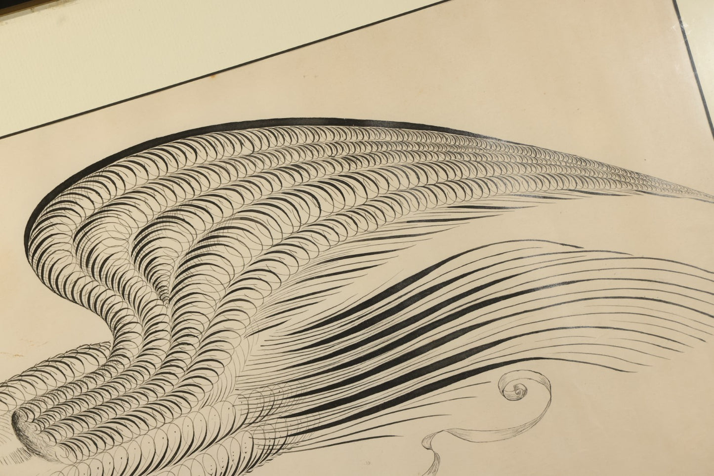 Antique Spencerian Calligraphic Pen and Ink Drawing of an Eagle with Outstretched Wings, Framed in Modern Frame