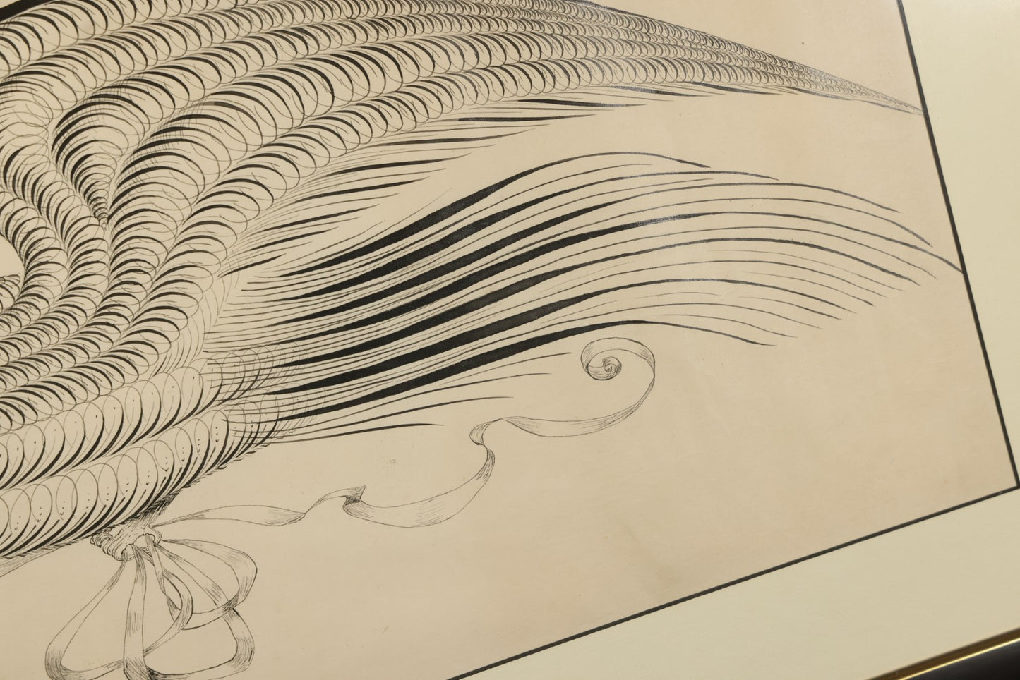 Antique Spencerian Calligraphic Pen and Ink Drawing of an Eagle with Outstretched Wings, Framed in Modern Frame