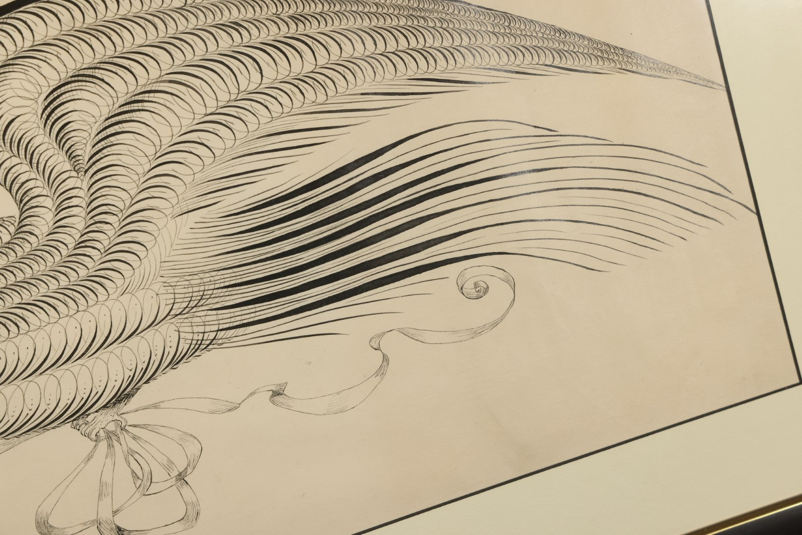 Antique Spencerian Calligraphic Pen and Ink Drawing of an Eagle with Outstretched Wings, Framed in Modern Frame