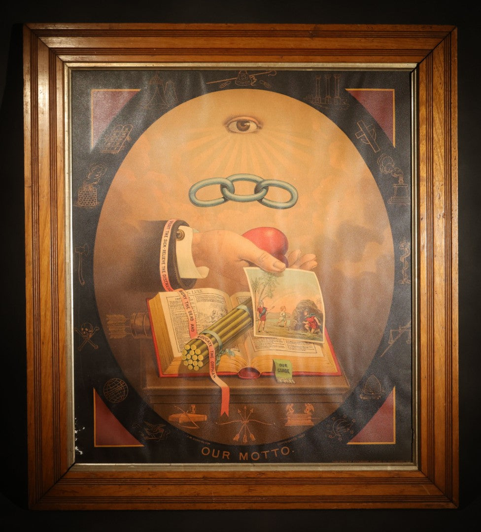 Antique I.O.O.F. Odd Fellows "Our Motto" Chromolithograph Print with All-Seeing Eye, Heart in Hand Symbols, by J.W. Dorrington, Copyright 1888, Published by Fitchburg Chromo Co., Fitchburg, Massachusetts, Framed