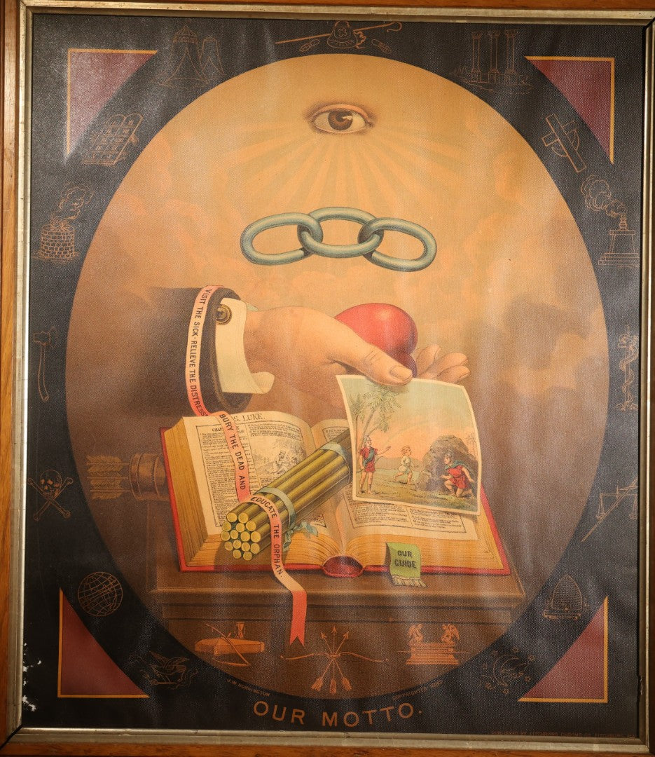 Antique I.O.O.F. Odd Fellows "Our Motto" Chromolithograph Print with All-Seeing Eye, Heart in Hand Symbols, by J.W. Dorrington, Copyright 1888, Published by Fitchburg Chromo Co., Fitchburg, Massachusetts, Framed