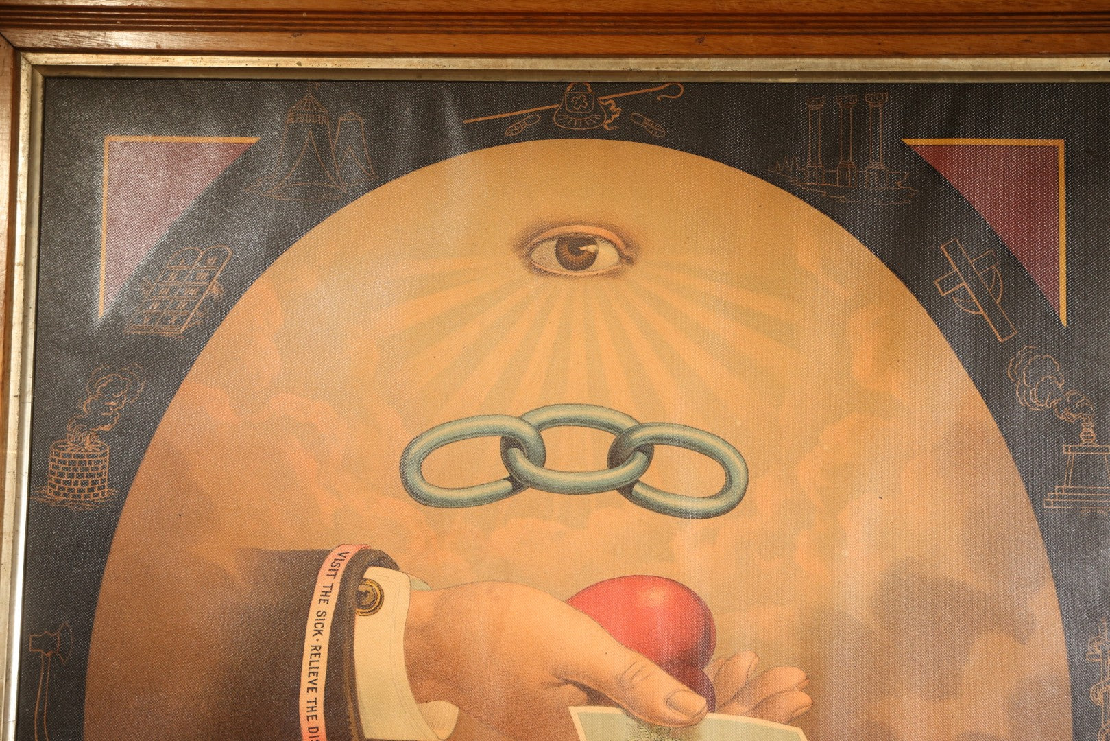 Antique I.O.O.F. Odd Fellows "Our Motto" Chromolithograph Print with All-Seeing Eye, Heart in Hand Symbols, by J.W. Dorrington, Copyright 1888, Published by Fitchburg Chromo Co., Fitchburg, Massachusetts, Framed