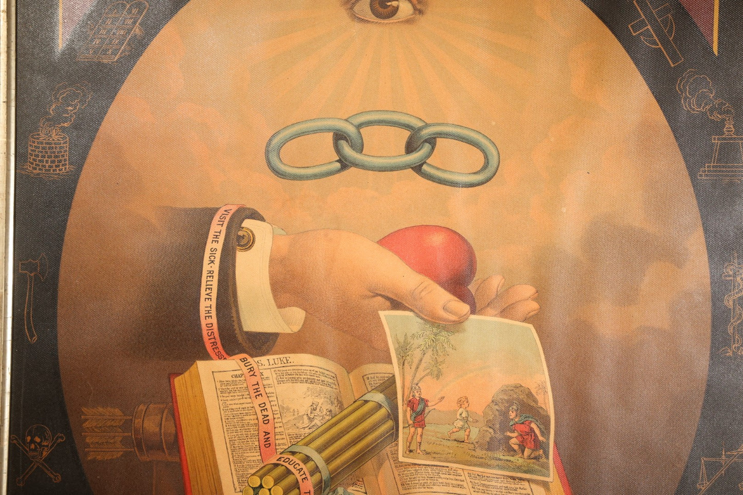 Antique I.O.O.F. Odd Fellows "Our Motto" Chromolithograph Print with All-Seeing Eye, Heart in Hand Symbols, by J.W. Dorrington, Copyright 1888, Published by Fitchburg Chromo Co., Fitchburg, Massachusetts, Framed