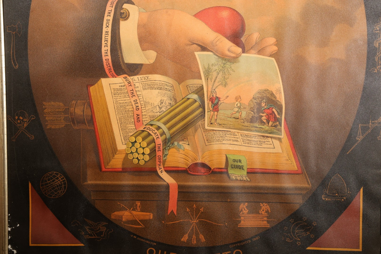 Antique I.O.O.F. Odd Fellows "Our Motto" Chromolithograph Print with All-Seeing Eye, Heart in Hand Symbols, by J.W. Dorrington, Copyright 1888, Published by Fitchburg Chromo Co., Fitchburg, Massachusetts, Framed