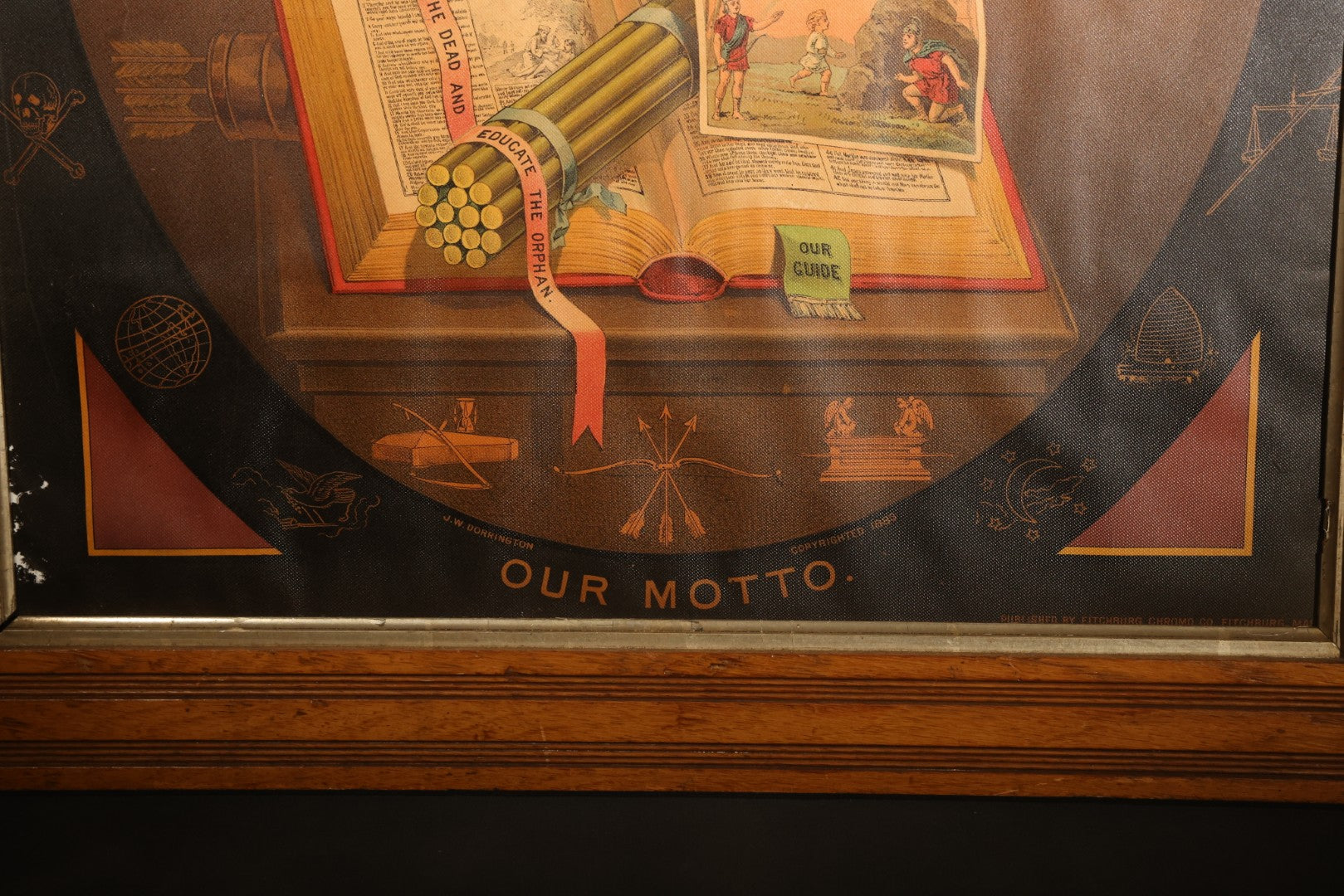 Antique I.O.O.F. Odd Fellows "Our Motto" Chromolithograph Print with All-Seeing Eye, Heart in Hand Symbols, by J.W. Dorrington, Copyright 1888, Published by Fitchburg Chromo Co., Fitchburg, Massachusetts, Framed