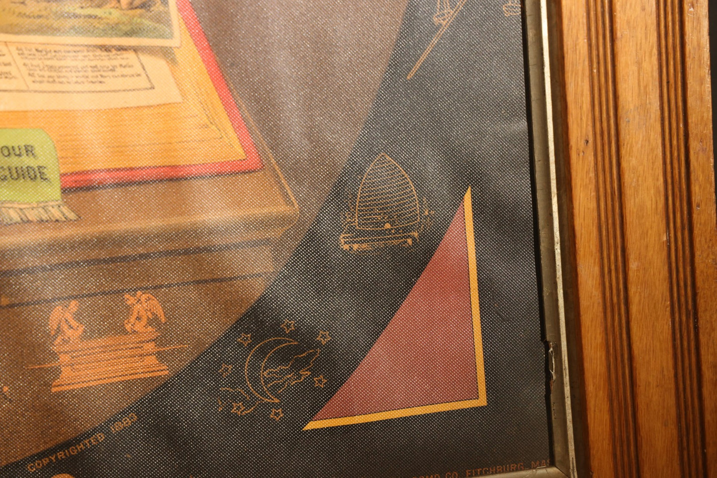 Antique I.O.O.F. Odd Fellows "Our Motto" Chromolithograph Print with All-Seeing Eye, Heart in Hand Symbols, by J.W. Dorrington, Copyright 1888, Published by Fitchburg Chromo Co., Fitchburg, Massachusetts, Framed