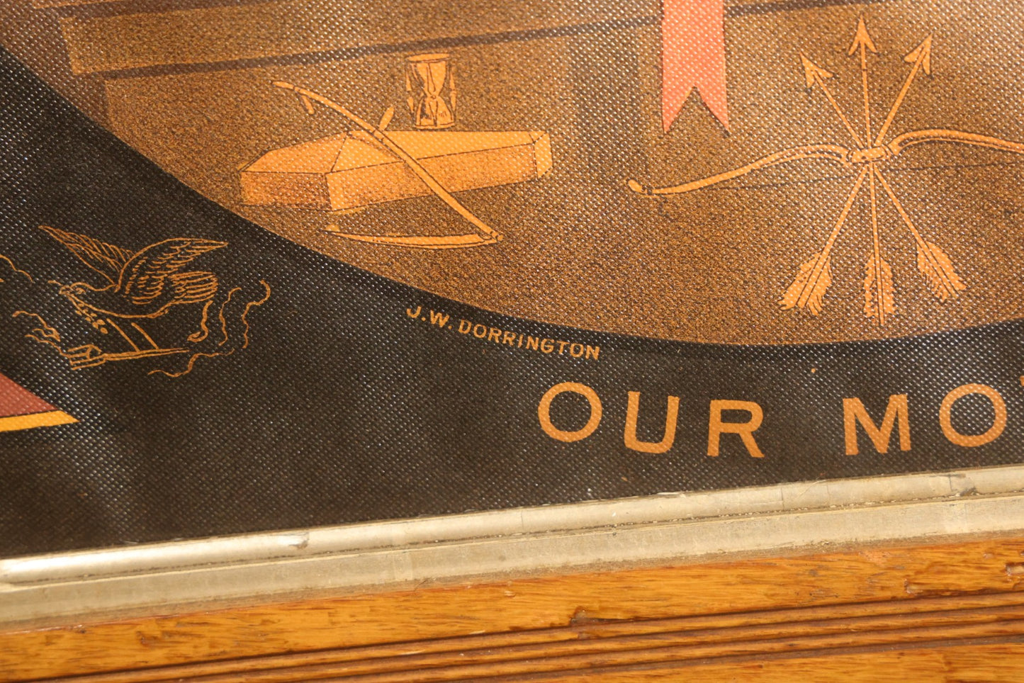 Antique I.O.O.F. Odd Fellows "Our Motto" Chromolithograph Print with All-Seeing Eye, Heart in Hand Symbols, by J.W. Dorrington, Copyright 1888, Published by Fitchburg Chromo Co., Fitchburg, Massachusetts, Framed