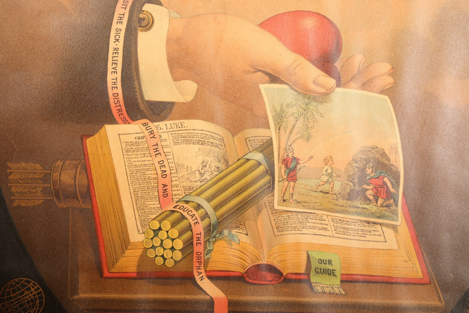 Antique I.O.O.F. Odd Fellows "Our Motto" Chromolithograph Print with All-Seeing Eye, Heart in Hand Symbols, by J.W. Dorrington, Copyright 1888, Published by Fitchburg Chromo Co., Fitchburg, Massachusetts, Framed