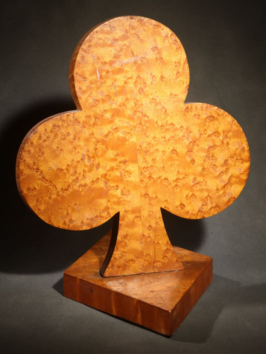 Vintage Folk Art Birdseye Maple Club Suit Playing Card Symbol on Wood Base