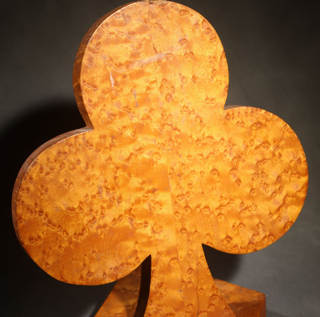 Vintage Folk Art Birdseye Maple Club Suit Playing Card Symbol on Wood Base