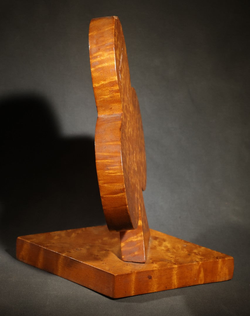 Vintage Folk Art Birdseye Maple Club Suit Playing Card Symbol on Wood Base