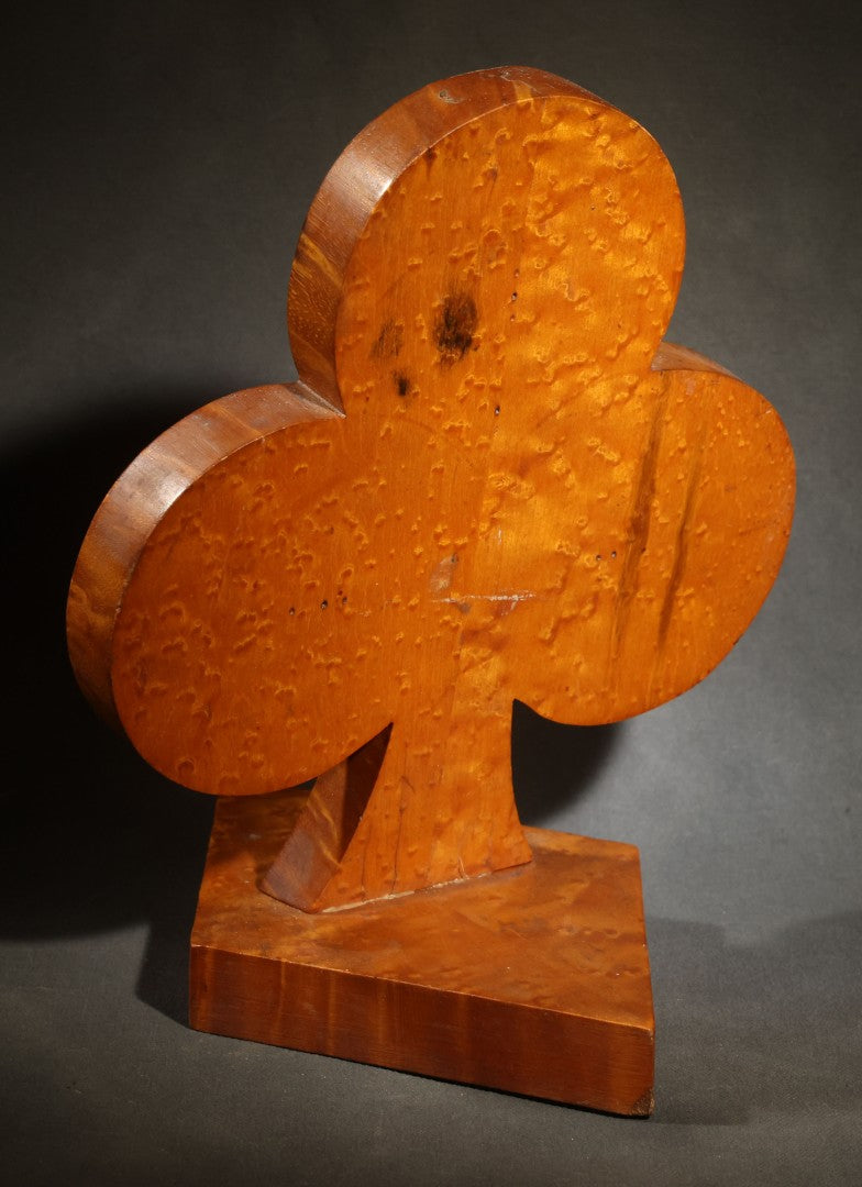 Vintage Folk Art Birdseye Maple Club Suit Playing Card Symbol on Wood Base