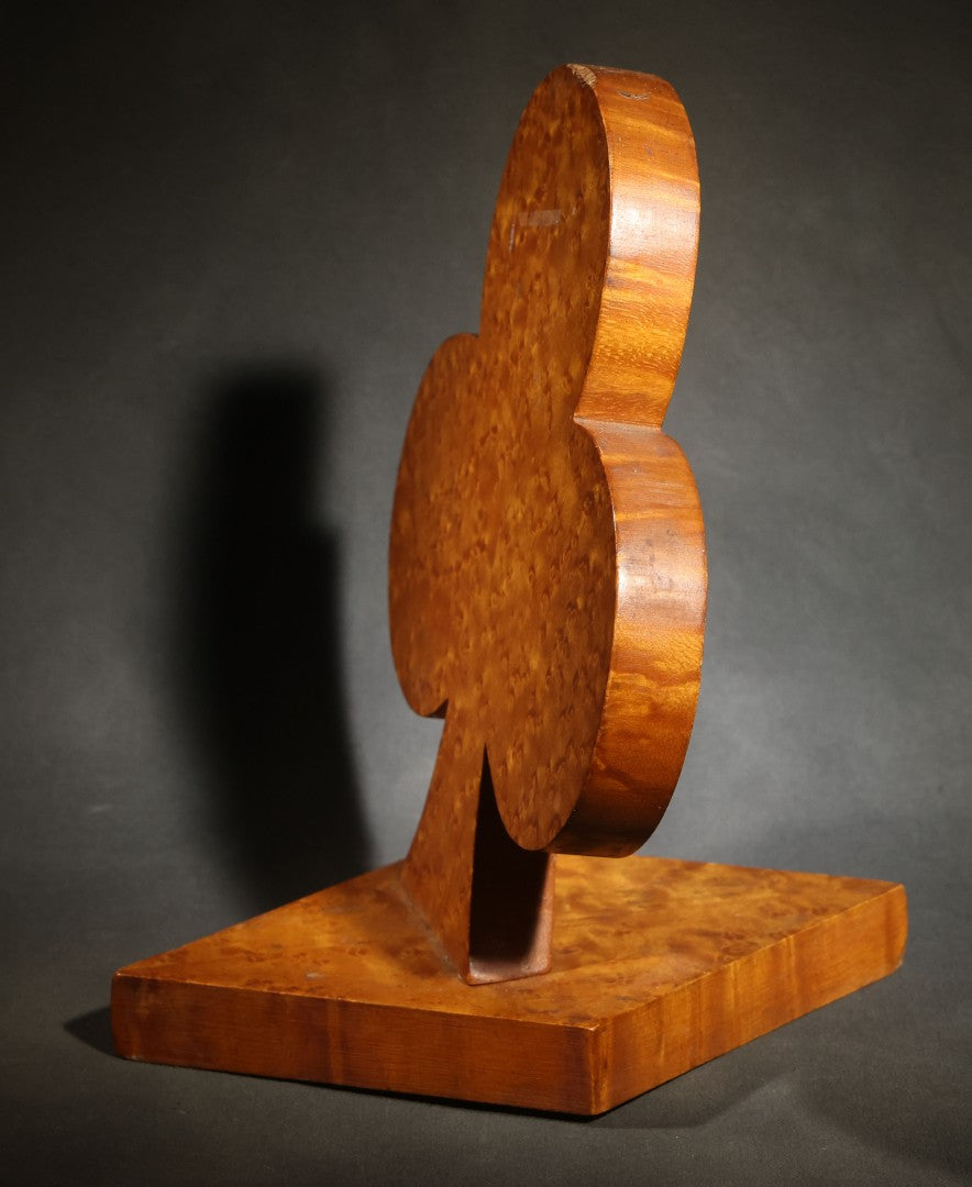 Vintage Folk Art Birdseye Maple Club Suit Playing Card Symbol on Wood Base