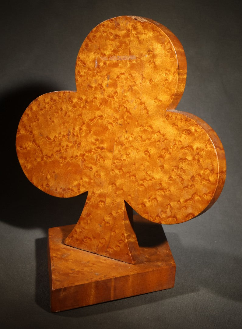 Vintage Folk Art Birdseye Maple Club Suit Playing Card Symbol on Wood Base