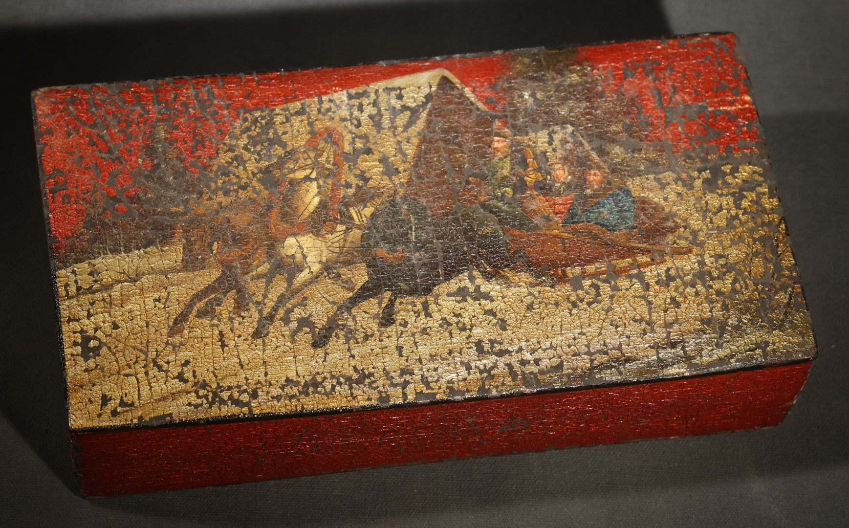 Antique Russian Lacquered Wood Box with Troika Scene on Lid, Red and Black with Gold Accents, Note Chipping Paint