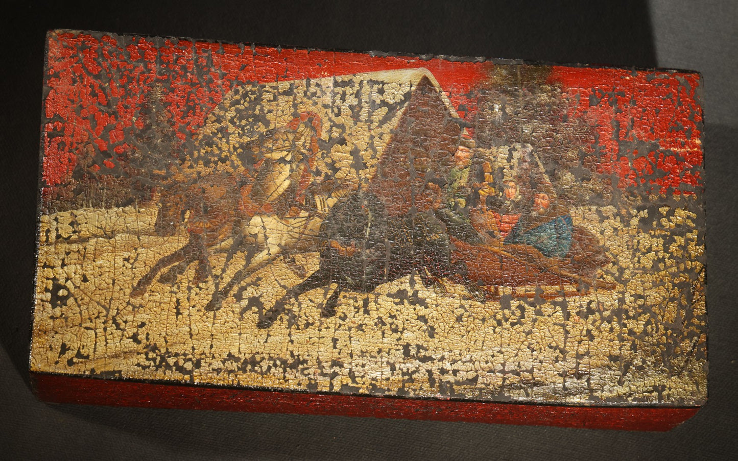 Antique Russian Lacquered Wood Box with Troika Scene on Lid, Red and Black with Gold Accents, Note Chipping Paint