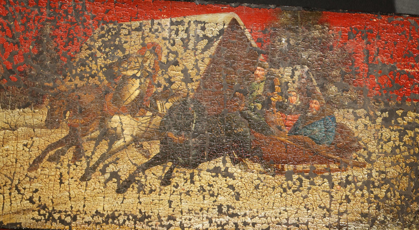 Antique Russian Lacquered Wood Box with Troika Scene on Lid, Red and Black with Gold Accents, Note Chipping Paint