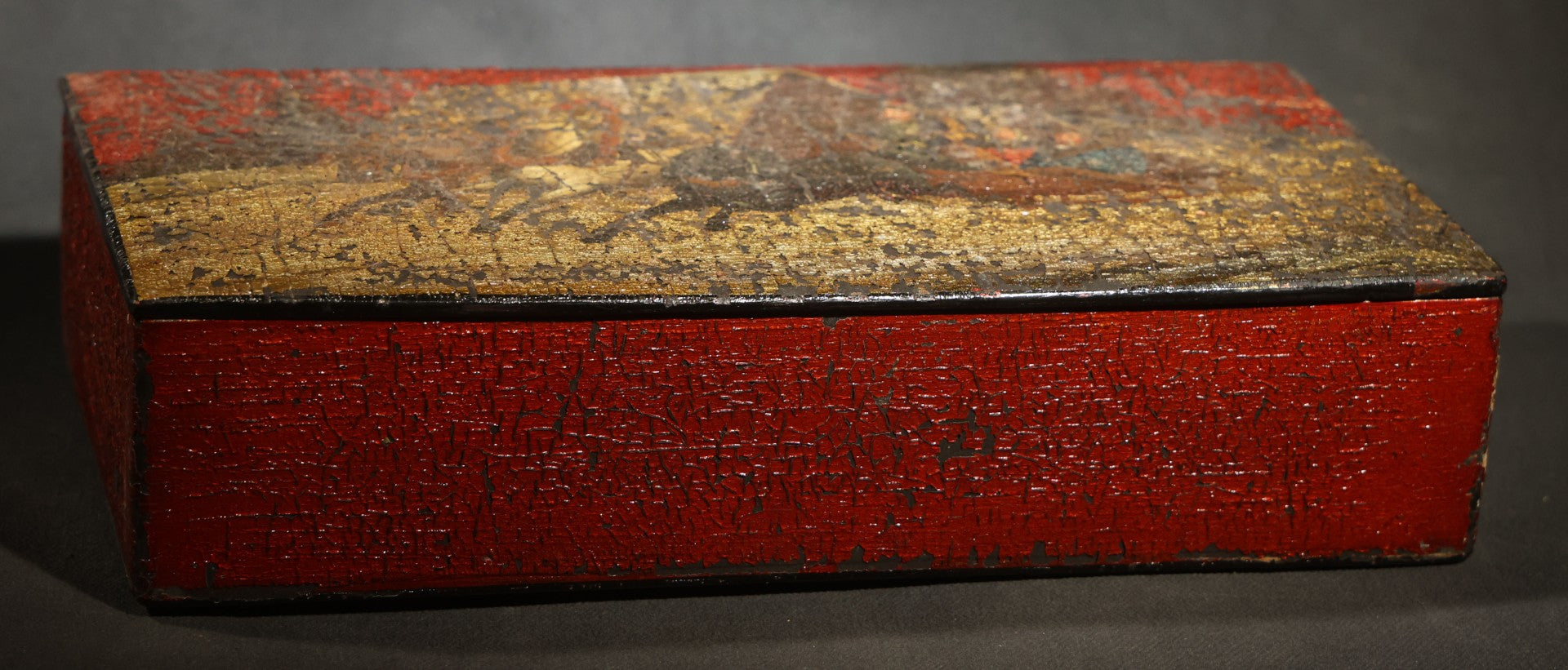 Antique Russian Lacquered Wood Box with Troika Scene on Lid, Red and Black with Gold Accents, Note Chipping Paint