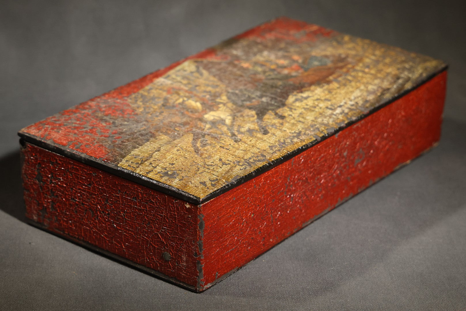 Antique Russian Lacquered Wood Box with Troika Scene on Lid, Red and Black with Gold Accents, Note Chipping Paint