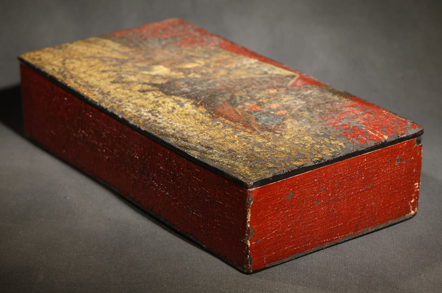 Antique Russian Lacquered Wood Box with Troika Scene on Lid, Red and Black with Gold Accents, Note Chipping Paint
