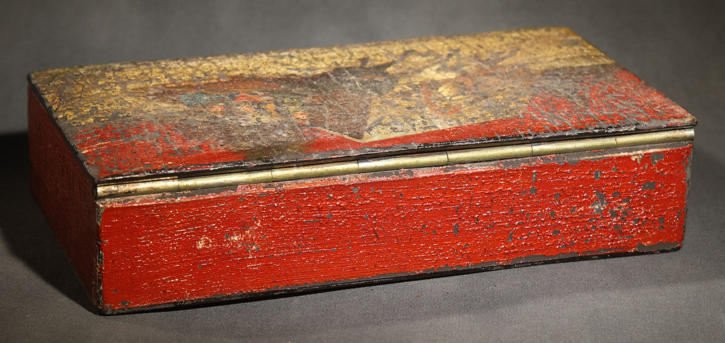 Antique Russian Lacquered Wood Box with Troika Scene on Lid, Red and Black with Gold Accents, Note Chipping Paint