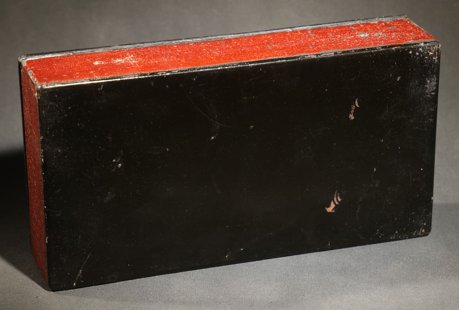 Antique Russian Lacquered Wood Box with Troika Scene on Lid, Red and Black with Gold Accents, Note Chipping Paint