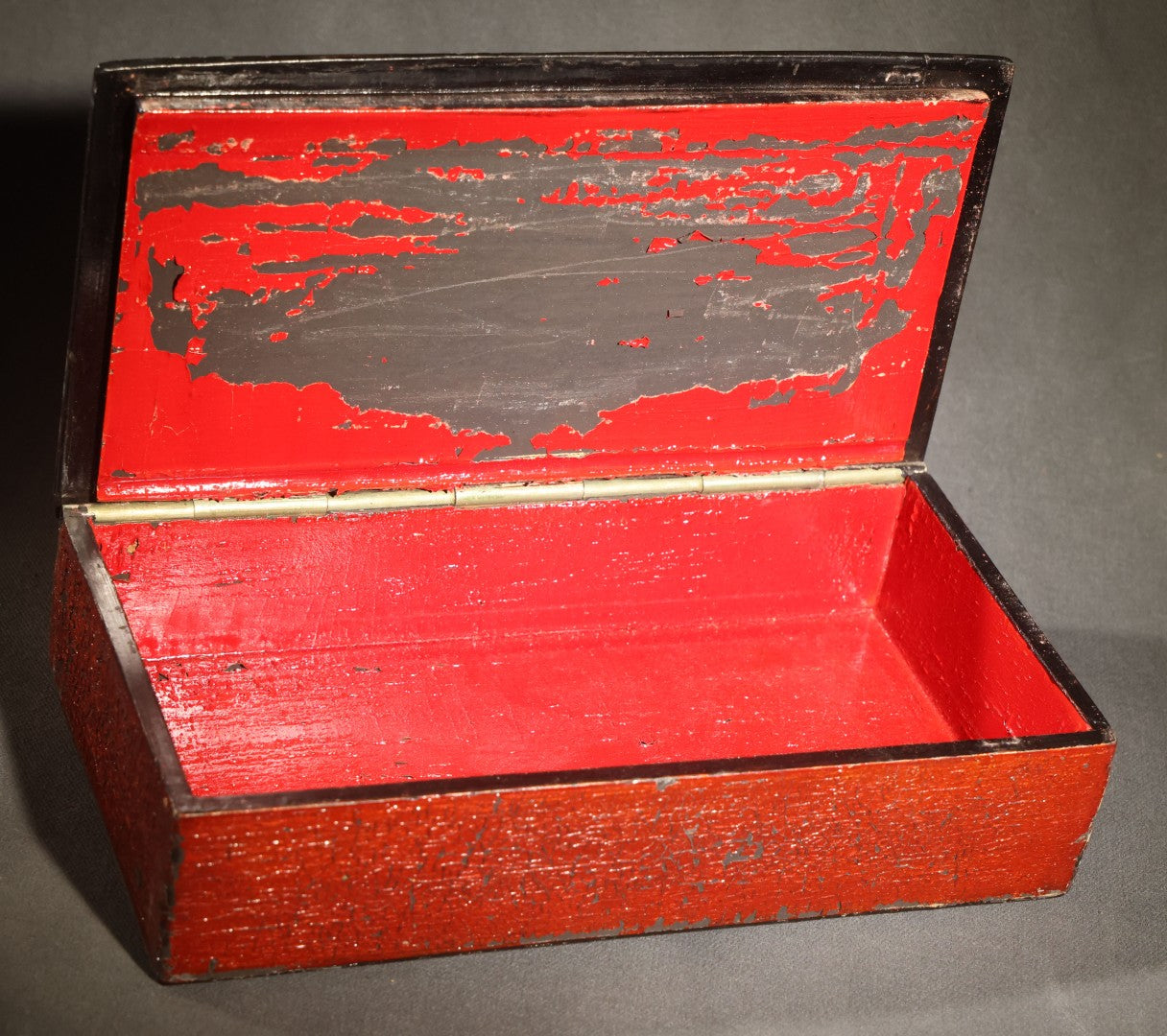 Antique Russian Lacquered Wood Box with Troika Scene on Lid, Red and Black with Gold Accents, Note Chipping Paint