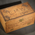 Lot 061 - Antique Folk Art Pyrography Box Dated 1902, Inscribed E.M. Wing, W.D. Swan Jr., E. Jamieson, Abbie Wing, and Grandma A. Freeman, Newton, Massachusetts, with M.I.T. '07 Marking, Lamp, Landscape, and Floral Motifs, 8-1/4" L x 4-3/4" W x 4-3/8" H