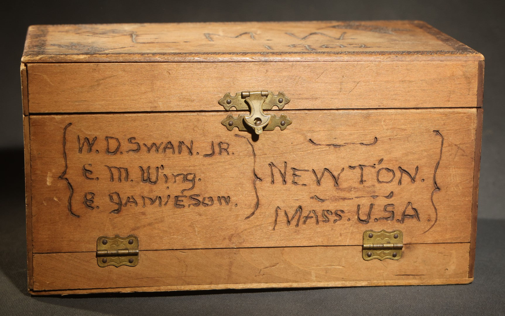 Antique Folk Art Pyrography Box Dated 1902, Inscribed E.M. Wing, W.D. Swan Jr., E. Jamieson, Abbie Wing, and Grandma A. Freeman, Newton, Massachusetts, with M.I.T. '07 Marking, Lamp, Landscape, and Floral Motifs
