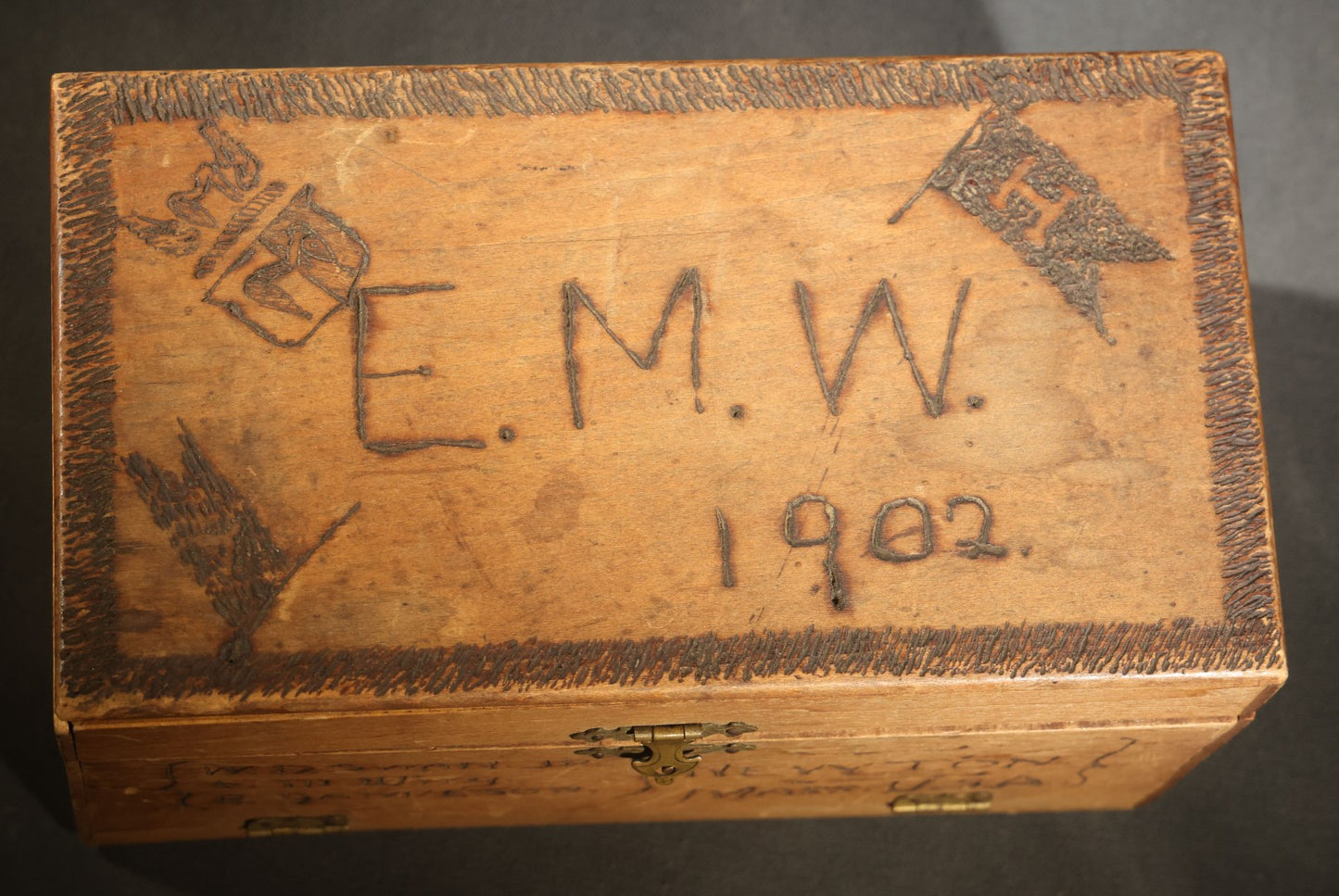 Antique Folk Art Pyrography Box Dated 1902, Inscribed E.M. Wing, W.D. Swan Jr., E. Jamieson, Abbie Wing, and Grandma A. Freeman, Newton, Massachusetts, with M.I.T. '07 Marking, Lamp, Landscape, and Floral Motifs