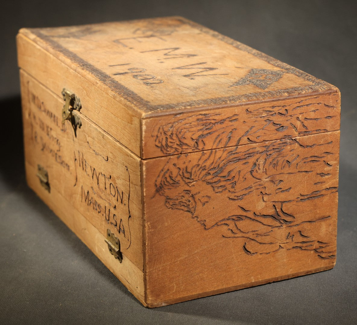Antique Folk Art Pyrography Box Dated 1902, Inscribed E.M. Wing, W.D. Swan Jr., E. Jamieson, Abbie Wing, and Grandma A. Freeman, Newton, Massachusetts, with M.I.T. '07 Marking, Lamp, Landscape, and Floral Motifs