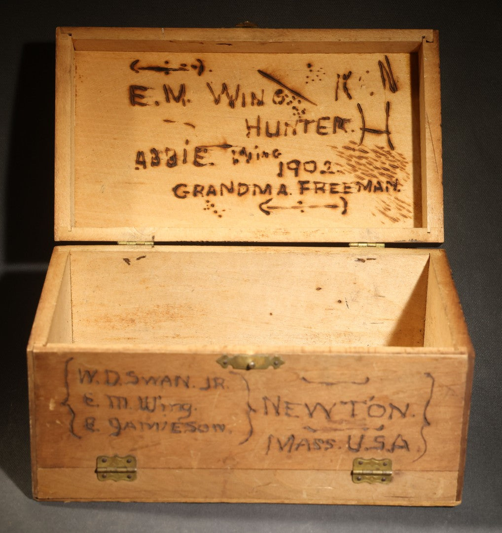Antique Folk Art Pyrography Box Dated 1902, Inscribed E.M. Wing, W.D. Swan Jr., E. Jamieson, Abbie Wing, and Grandma A. Freeman, Newton, Massachusetts, with M.I.T. '07 Marking, Lamp, Landscape, and Floral Motifs