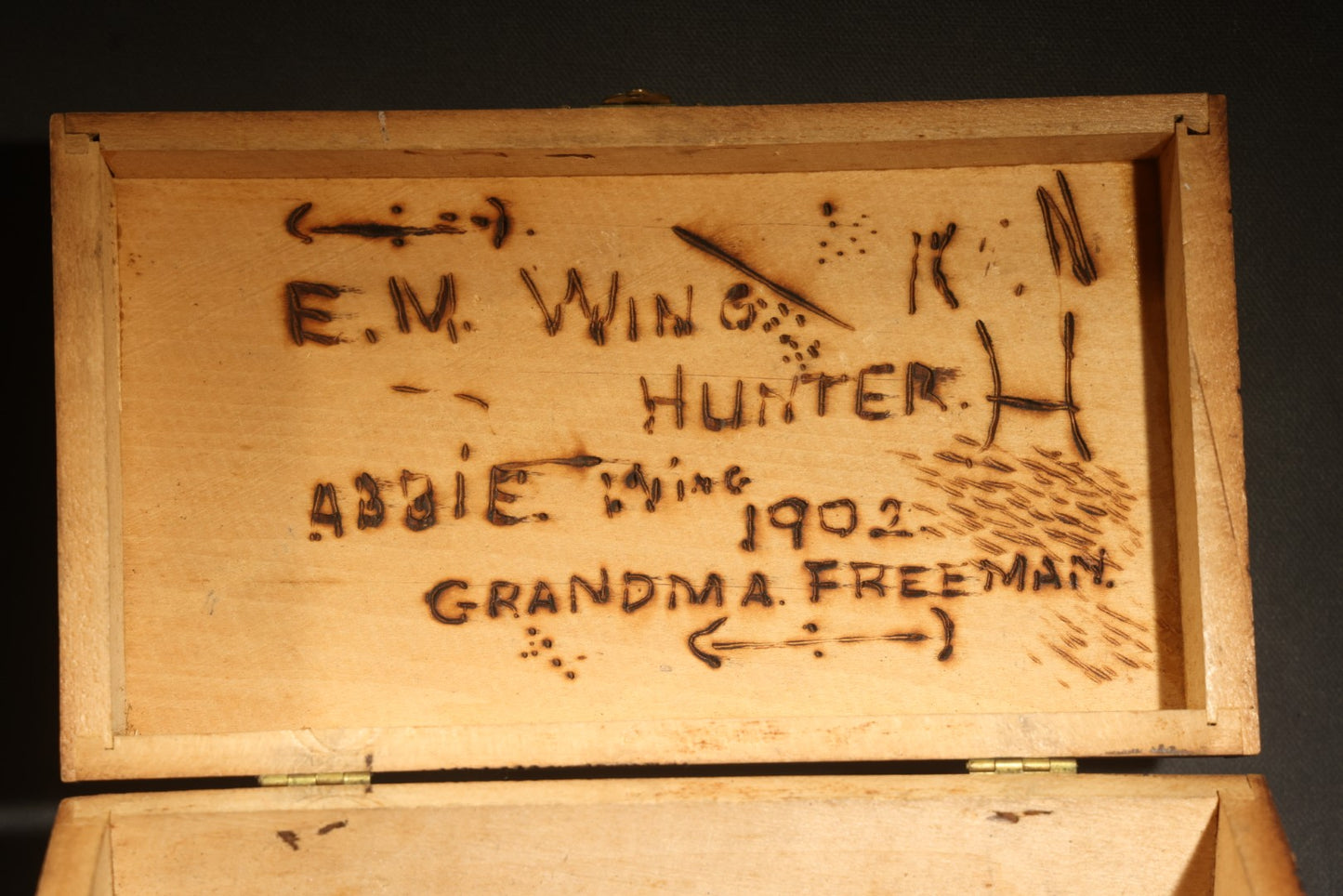 Antique Folk Art Pyrography Box Dated 1902, Inscribed E.M. Wing, W.D. Swan Jr., E. Jamieson, Abbie Wing, and Grandma A. Freeman, Newton, Massachusetts, with M.I.T. '07 Marking, Lamp, Landscape, and Floral Motifs