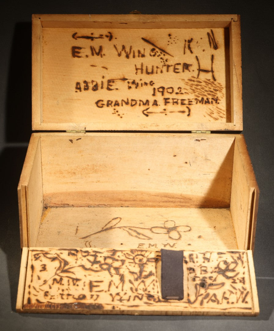 Antique Folk Art Pyrography Box Dated 1902, Inscribed E.M. Wing, W.D. Swan Jr., E. Jamieson, Abbie Wing, and Grandma A. Freeman, Newton, Massachusetts, with M.I.T. '07 Marking, Lamp, Landscape, and Floral Motifs