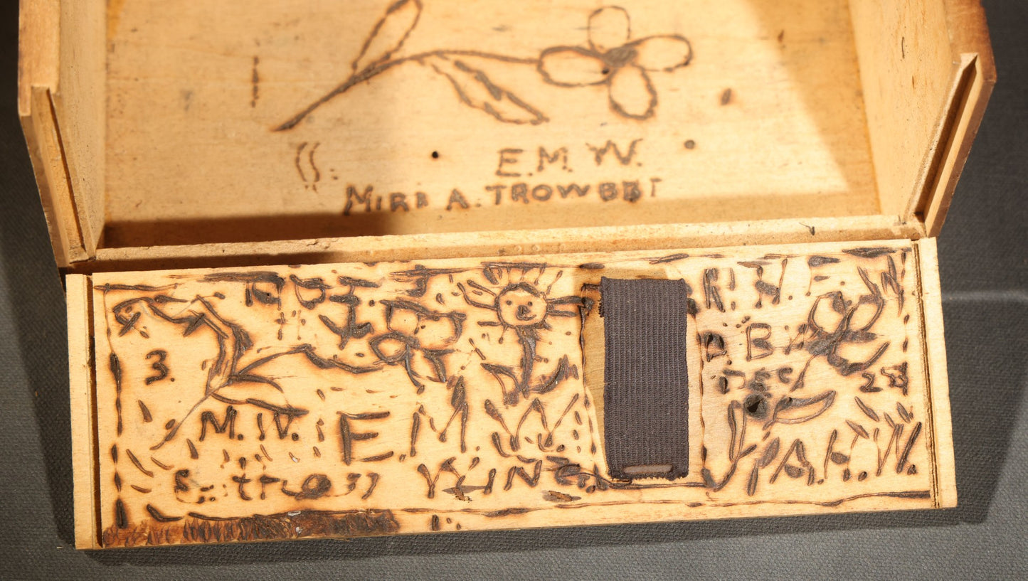 Antique Folk Art Pyrography Box Dated 1902, Inscribed E.M. Wing, W.D. Swan Jr., E. Jamieson, Abbie Wing, and Grandma A. Freeman, Newton, Massachusetts, with M.I.T. '07 Marking, Lamp, Landscape, and Floral Motifs