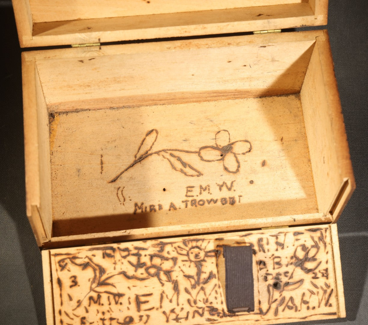 Antique Folk Art Pyrography Box Dated 1902, Inscribed E.M. Wing, W.D. Swan Jr., E. Jamieson, Abbie Wing, and Grandma A. Freeman, Newton, Massachusetts, with M.I.T. '07 Marking, Lamp, Landscape, and Floral Motifs