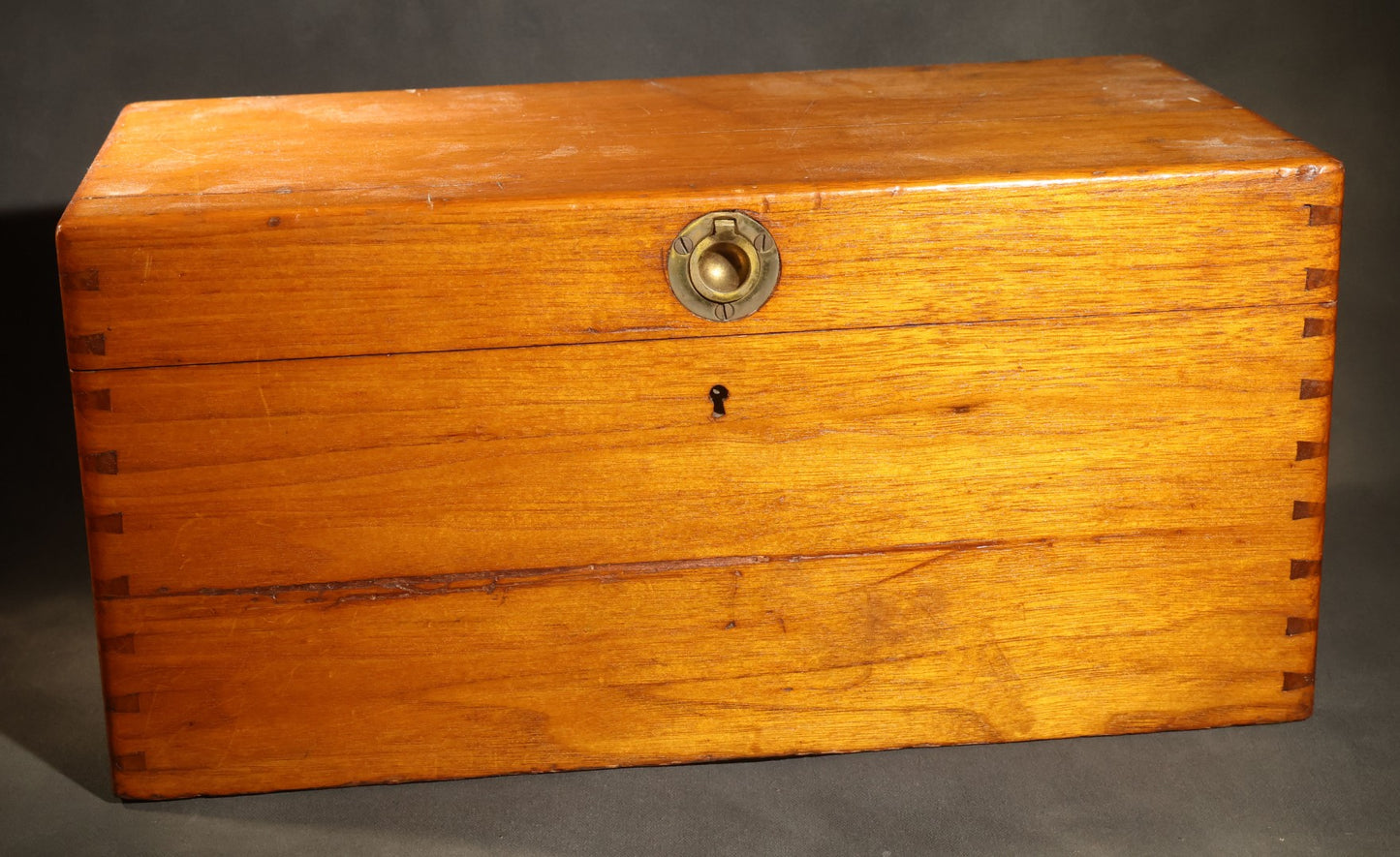 Antique Dovetailed Wooden Box with Brass Pull, Keyhole, Key, and Interior Dividers, Anecdotally Attributed to a Peterborough, New Hampshire Maker