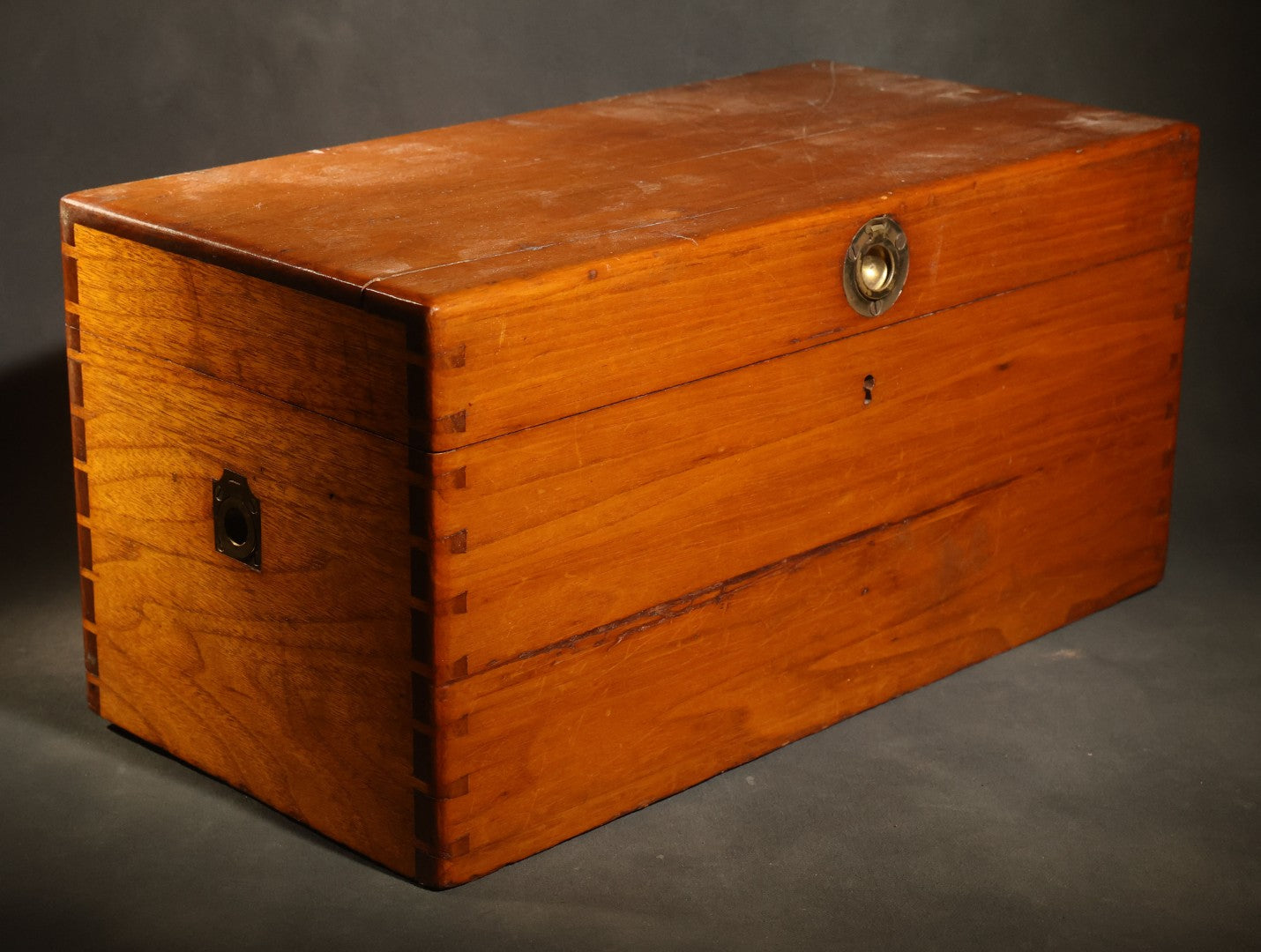 Antique Dovetailed Wooden Box with Brass Pull, Keyhole, Key, and Interior Dividers, Anecdotally Attributed to a Peterborough, New Hampshire Maker