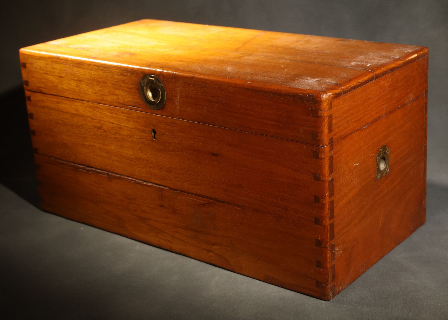 Antique Dovetailed Wooden Box with Brass Pull, Keyhole, Key, and Interior Dividers, Anecdotally Attributed to a Peterborough, New Hampshire Maker