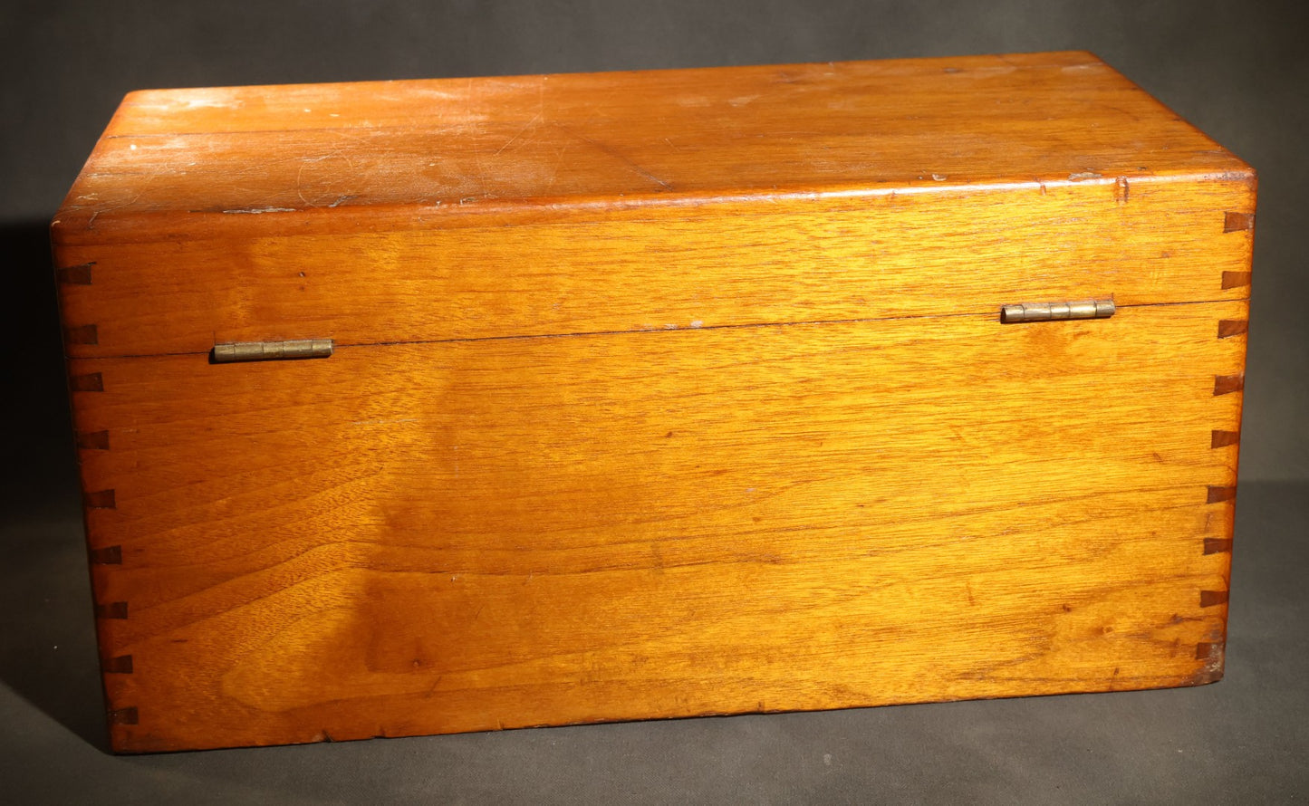 Antique Dovetailed Wooden Box with Brass Pull, Keyhole, Key, and Interior Dividers, Anecdotally Attributed to a Peterborough, New Hampshire Maker