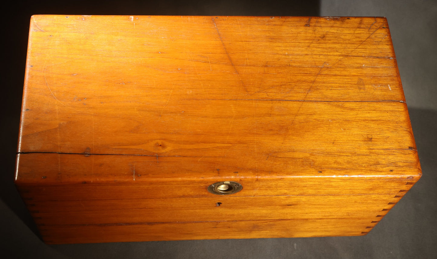 Antique Dovetailed Wooden Box with Brass Pull, Keyhole, Key, and Interior Dividers, Anecdotally Attributed to a Peterborough, New Hampshire Maker