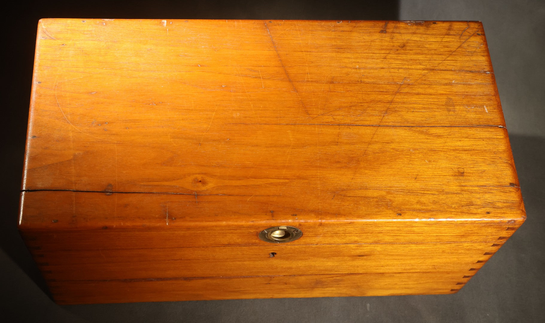Antique Dovetailed Wooden Box with Brass Pull, Keyhole, Key, and Interior Dividers, Anecdotally Attributed to a Peterborough, New Hampshire Maker
