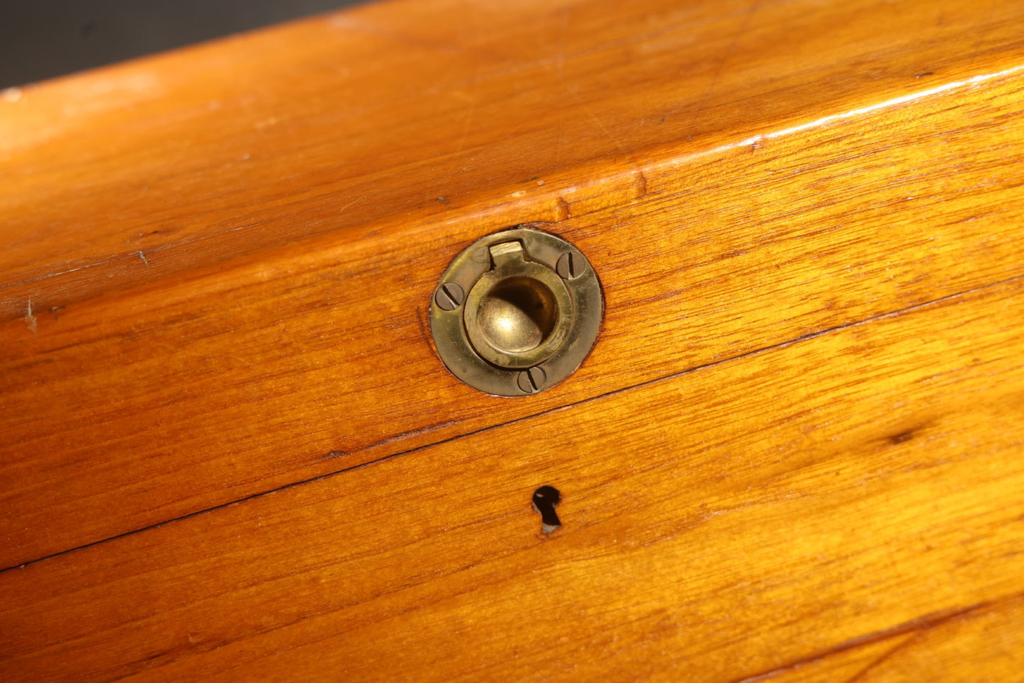 Antique Dovetailed Wooden Box with Brass Pull, Keyhole, Key, and Interior Dividers, Anecdotally Attributed to a Peterborough, New Hampshire Maker