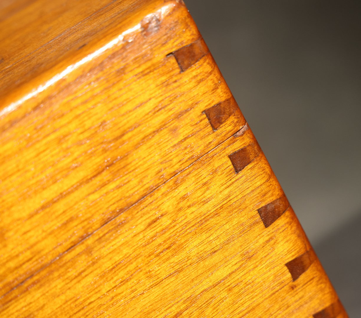 Antique Dovetailed Wooden Box with Brass Pull, Keyhole, Key, and Interior Dividers, Anecdotally Attributed to a Peterborough, New Hampshire Maker