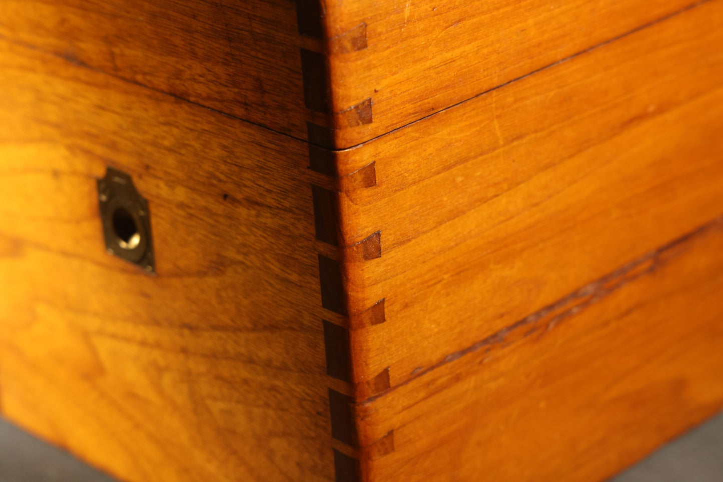 Antique Dovetailed Wooden Box with Brass Pull, Keyhole, Key, and Interior Dividers, Anecdotally Attributed to a Peterborough, New Hampshire Maker