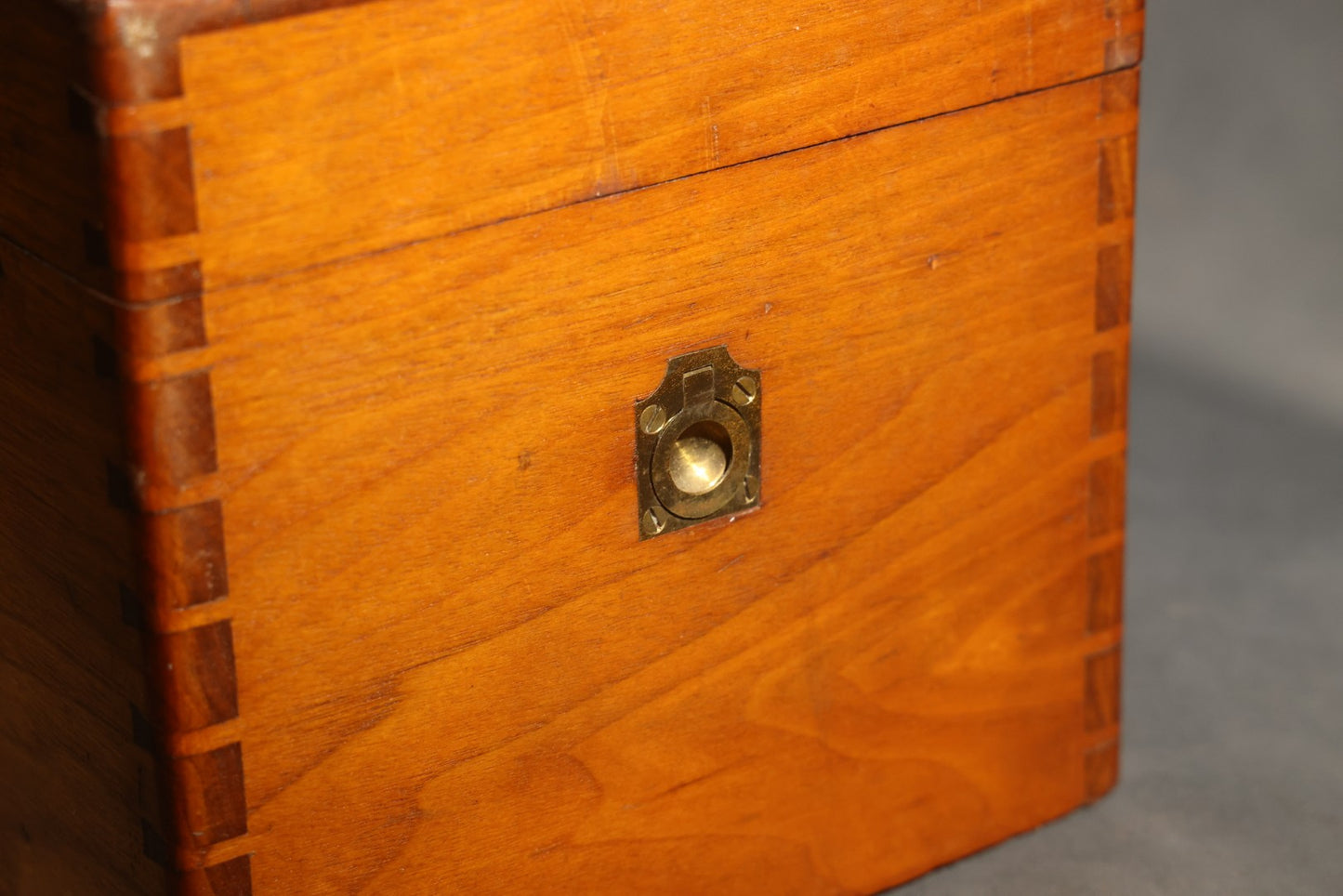 Antique Dovetailed Wooden Box with Brass Pull, Keyhole, Key, and Interior Dividers, Anecdotally Attributed to a Peterborough, New Hampshire Maker