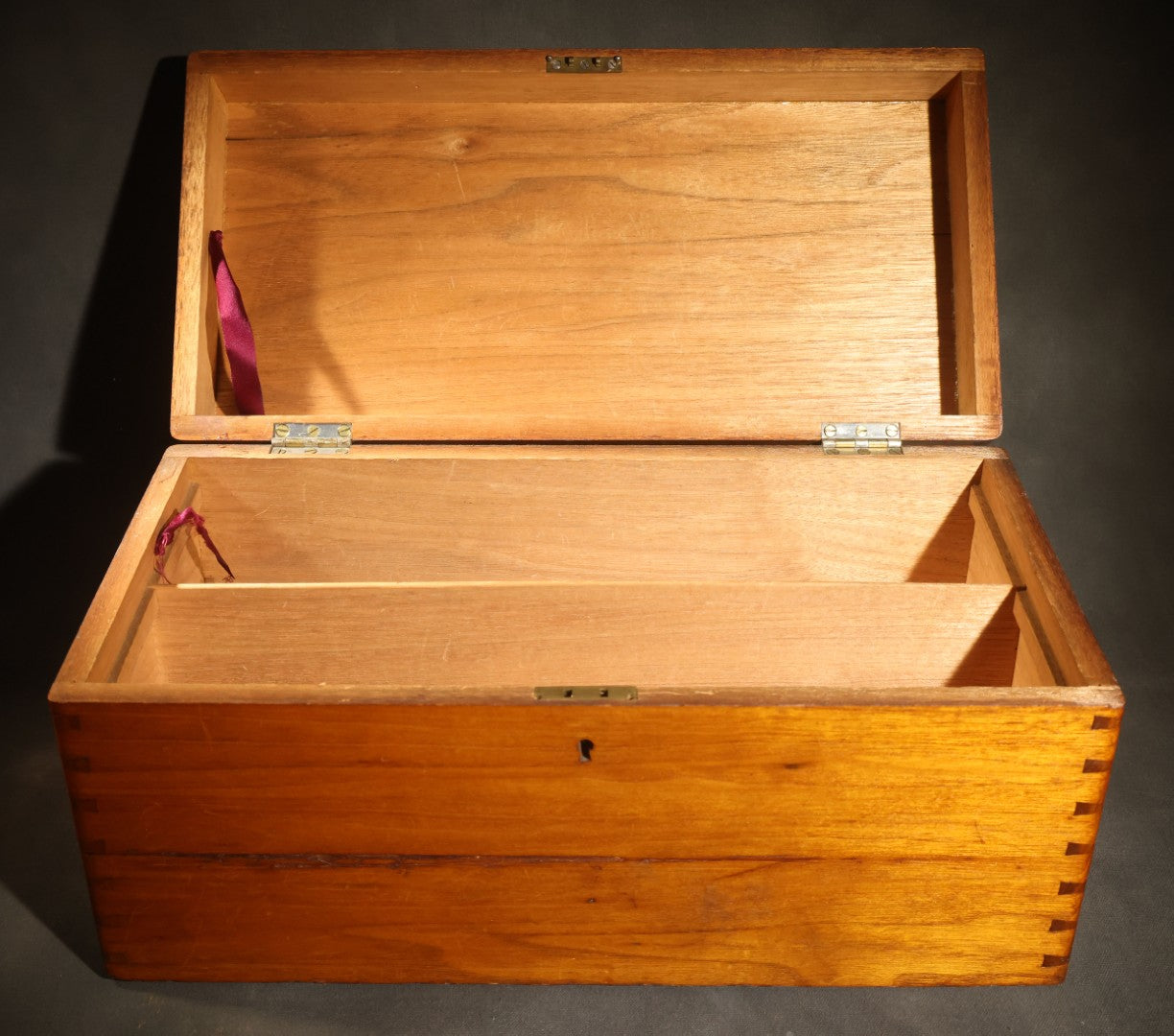 Antique Dovetailed Wooden Box with Brass Pull, Keyhole, Key, and Interior Dividers, Anecdotally Attributed to a Peterborough, New Hampshire Maker
